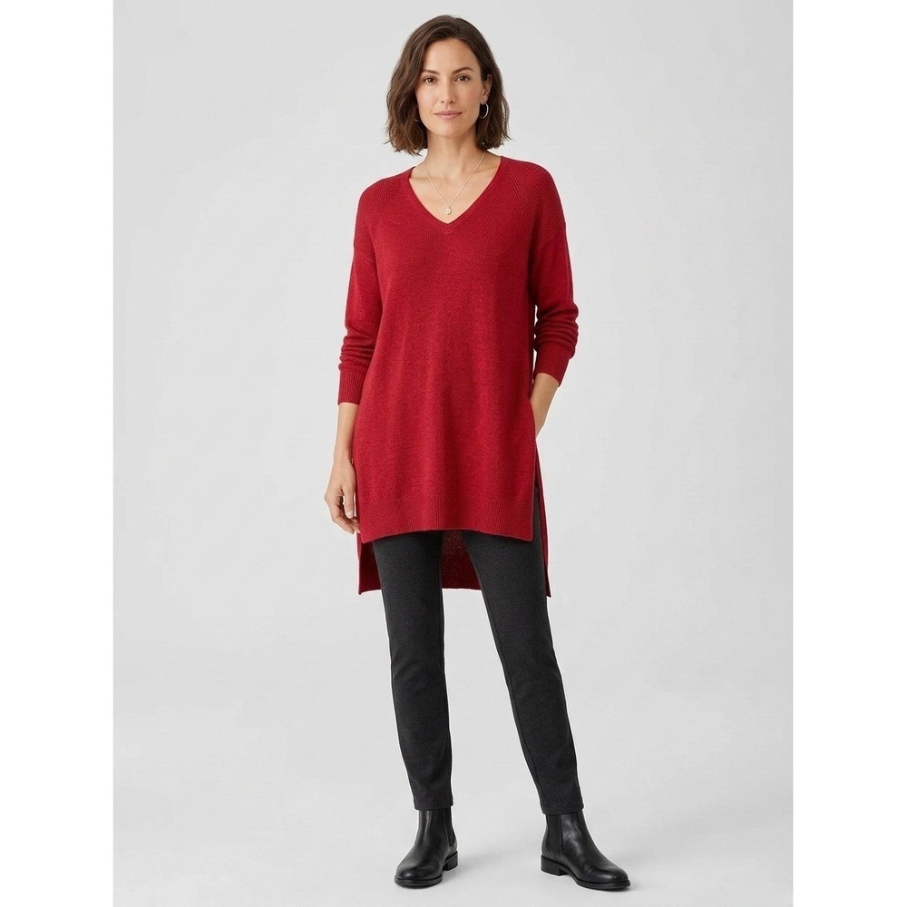 Eileen Fisher Red 100% Italian Wool V-Neck Tunic Sweater High-Low Hem Size M